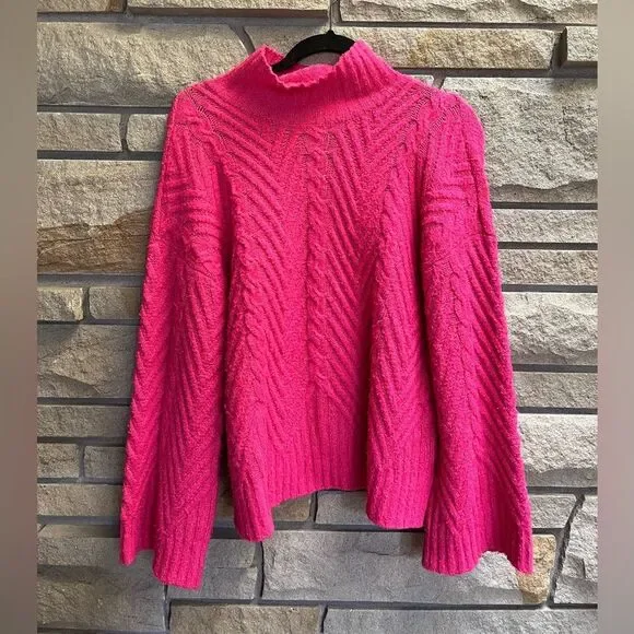 Free People Mock Neck Bell Sleeve Sweater Hot Pink XL - Picture 2 of 9